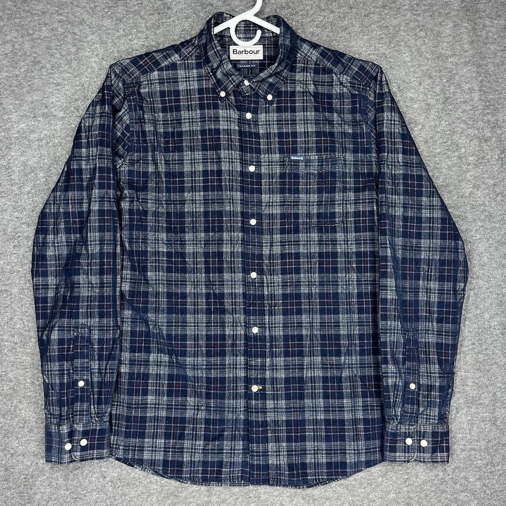 Barbour Shirt Men's M Blue Plaid Corduroy Southfield Tailored Slim Fit Button up